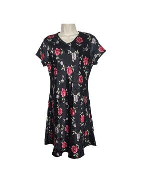 Vintage 90s Jodi Michaels Black Pink Floral Aline Dress Women Size 11 12 Satiny